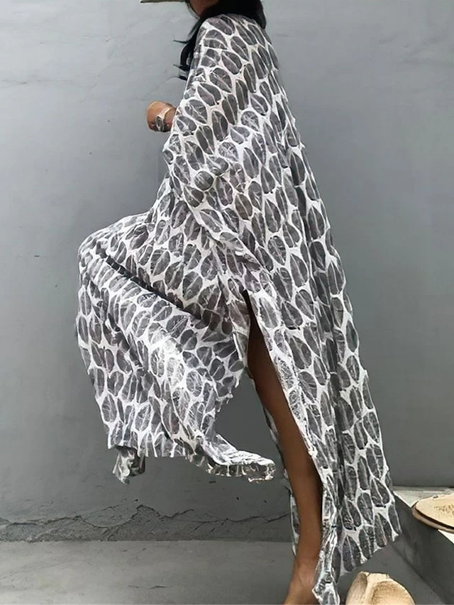 Women's Casual Dress Cotton Linen Dress A Line Dress Maxi Long Dress Polyester Fashion Casual Outdoor Daily Vacation V Neck Print 3/4 Length Sleeve Spring Fall Winter 2023 Loose Fit White Leaf 8 Women's Casual Dress Cotton Linen Dress A Line Dress Maxi Long Dress Polyester Fashion Casual Outdoor Daily Vacation V Neck Print 3/4 Length Sleeve Spring Fall Winter 2023 Loose Fit White Leaf - Image 6