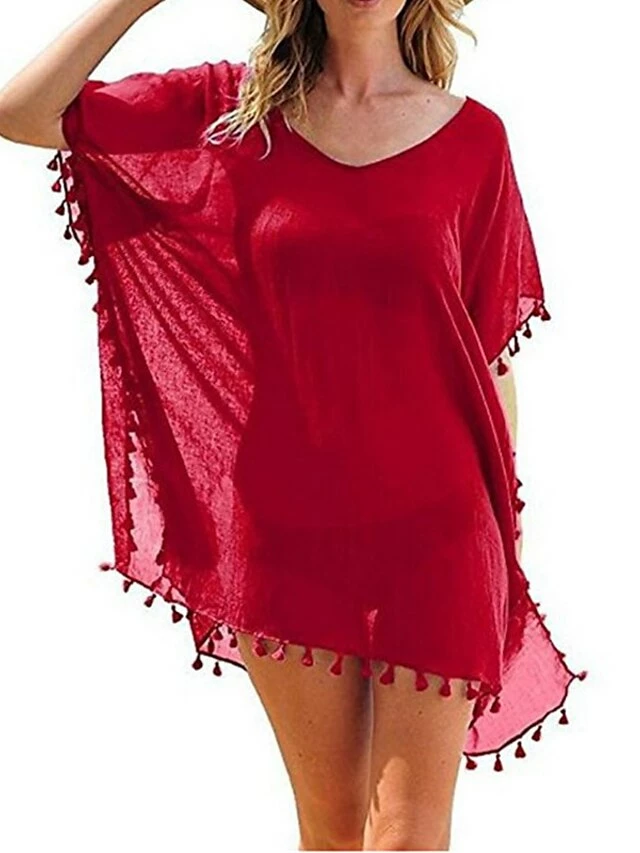 Women's Swimwear Cover Up Beach Dress Normal Swimsuit Tassel Pure Color Green White Gray Rosy Pink Wine V Wire Bathing Suits New Vacation Fashion /y / Modern 9 Women's Swimwear Cover Up Beach Dress Normal Swimsuit Tassel Pure Color Green White Gray Rosy Pink Wine V Wire Bathing Suits New Vacation Fashion /y / Modern - Image 7