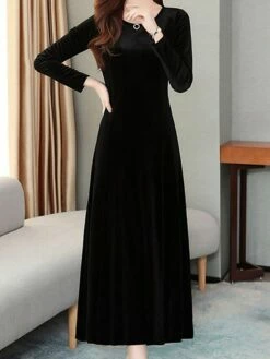 Women's Green Velvet Dress Maxi Long Dress Black Wine Blue Long Sleeve Solid Color Ruched Fall Winter Crew Neck Party Stylish Elegant Party -LIGHTINTHEBOX Shop ovtikp1637316074341