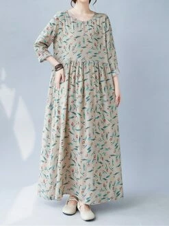 Women's Casual Dress Linen Dress Swing Dress Maxi Long Dress Linen Fashion Modern Outdoor Daily Holiday Crew Neck Print Long Sleeve Fall Winter Autumn 2023 Loose Fit Apricot Flower L XL 2XL -LIGHTINTHEBOX Shop owthnx1693553160443