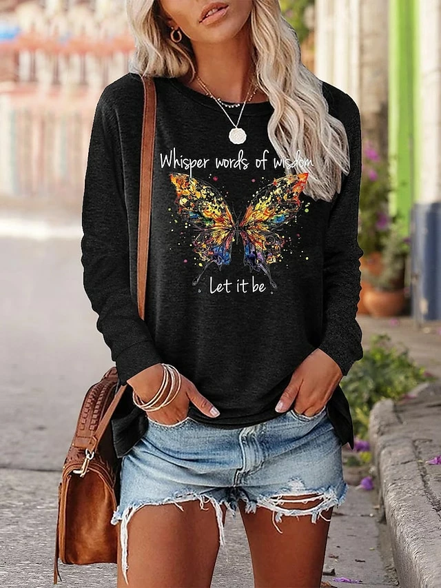 Women's T Shirt Tee Black Pink Blue Butterfly Letter Print Long Sleeve Casual Hawaiian Round Neck Long Loose Fit Butterfly S 8 Women's T Shirt Tee Black Pink Blue Butterfly Letter Print Long Sleeve Casual Hawaiian Round Neck Long Loose Fit Butterfly S - Image 6