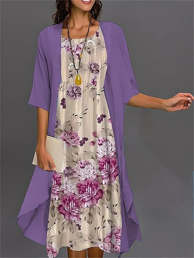 Women's Two Piece Dress Set Casual Dress Chiffon Dress Outdoor Daily Fashion Streetwear Print Midi Dress Crew Neck Half Sleeve Floral Ombre Regular Fit Pink Blue Purple Fall Winter S M L XL XXL 5 Women's Two Piece Dress Set Casual Dress Chiffon Dress Outdoor Daily Fashion Streetwear Print Midi Dress Crew Neck Half Sleeve Floral Ombre Regular Fit Pink Blue Purple Fall Winter S M L XL XXL - Image 3