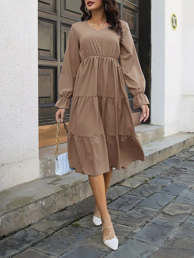 Women's Casual Dress Plain Dress Midi Dress Patchwork Outdoor Street Daily Active Fashion V Neck Long Sleeve 2023 Loose Fit Black Blue Khaki Color S M L XL XXL Size 7 Women's Casual Dress Plain Dress Midi Dress Patchwork Outdoor Street Daily Active Fashion V Neck Long Sleeve 2023 Loose Fit Black Blue Khaki Color S M L XL XXL Size - Image 5