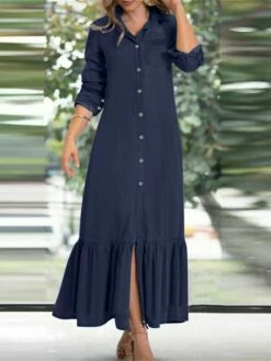 Women's Shirt Dress Casual Dress Maxi Long Dress Outdoor Daily Cotton Fashion Casual Shirt Collar Ruffle Button Long Sleeve Summer Spring Fall 2023 Regular Fit Navy Blue Blue Plain S M L XL XXL -LIGHTINTHEBOX Shop oxuhwg1688023846385