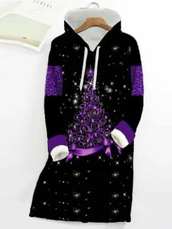 Women's Christmas Hoodie Dress Shift Dress Mini Dress Green Blue Purple Long Sleeve Christmas Tree Print Winter Fall Autumn Hooded Fashion Christmas Daily Date Loose Fit 2022 S M L XL XXL 3XL -LIGHTINTHEBOX Shop oxwlop1667636129056