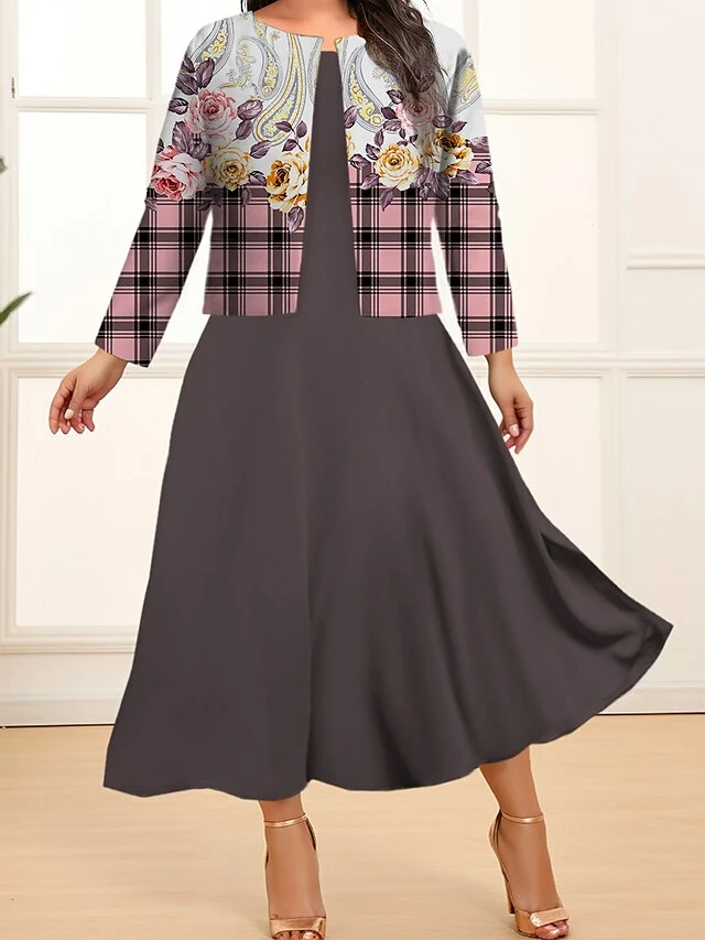 Women's Plus Size Two Piece Dress Set Casual Dress Swing Dress Outdoor Office Fashion Streetwear Print Midi Dress Crew Neck Long Sleeve Floral Plaid Regular Fit Pink Dark Pink Blue Fall Winter L XL 4 Women's Plus Size Two Piece Dress Set Casual Dress Swing Dress Outdoor Office Fashion Streetwear Print Midi Dress Crew Neck Long Sleeve Floral Plaid Regular Fit Pink Dark Pink Blue Fall Winter L XL - Image 2