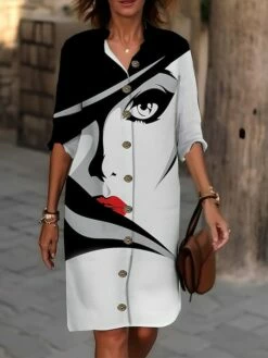 Women's Shirt Dress Casual Dress Cotton Linen Dress Midi Dress Polyester Fashion Casual Daily Outdoor Daily Vacation Shirt Collar Button Print Long Sleeve Summer Spring Fall 2023 Loose Fit Black -LIGHTINTHEBOX Shop oyptaw1691650321152