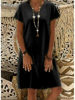 Women's Casual Dress Casual Dress Shift Dress Pure Color Pocket V Neck Midi Dress Basic Daily Vacation Short Sleeve Loose Fit Black Yellow Light Green Summer Spring S M L XL XXL -LIGHTINTHEBOX Shop ozjier1693540120355