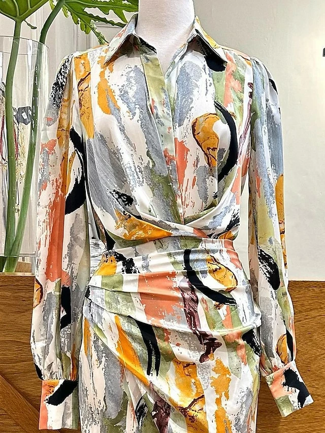 Women's Shirt Dress Casual Dress Bodycon Midi Dress Outdoor Daily Date Polyester Fashion Modern Shirt Collar Button Print Long Sleeve Summer Spring Fall 2023 Regular Fit Orange Green Color Block S M 4 Women's Shirt Dress Casual Dress Bodycon Midi Dress Outdoor Daily Date Polyester Fashion Modern Shirt Collar Button Print Long Sleeve Summer Spring Fall 2023 Regular Fit Orange Green Color Block S M - Image 2