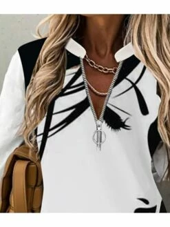 Women's Shirt Blouse Black White Navy Blue Portrait Quarter Zip Print Long Sleeve Daily Weekend Streetwear Casual Standing Collar V Neck Regular Fit Portrait Spring Fall -LIGHTINTHEBOX Shop ozrmlc1661420477005