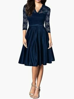 Women's Party Dress Lace Dress Cocktail Dress Midi Dress Black White Wine 3/4 Length Sleeve Pure Color Lace Summer Spring Fall V Neck Party Wedding Guest Fall Dress Spring Dress 2023 S M L XL 2XL -LIGHTINTHEBOX Shop ozyrrl1676614004645