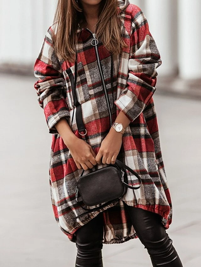 Women's Casual Dress Plaid Dress Spring Dress Midi Dress Zipper Date Going Out Weekend Active Fashion Hooded Long Sleeve 2023 Loose Fit Black Red Green Color S M L XL XXL Size 5 Women's Casual Dress Plaid Dress Spring Dress Midi Dress Zipper Date Going Out Weekend Active Fashion Hooded Long Sleeve 2023 Loose Fit Black Red Green Color S M L XL XXL Size - Image 3