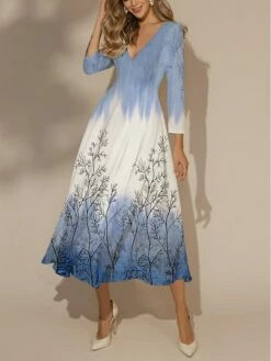 Women's Casual Dress Swing Dress Print Dress Tree Print V Neck Long Dress Maxi Dress Fashion Streetwear Outdoor Vacation 3/4 Length Sleeve Regular Fit Pink Blue Orange Spring Fall S M L XL XXL