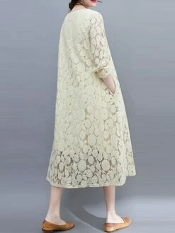 Women's Work Dress Lace Dress Black Dress Fashion Midi Dress Lace Pocket Crew Neck Long Sleeve Plain Loose Fit Black White Pink Fall M L XL XXL 3XL -LIGHTINTHEBOX Shop pbirtc1693281263884