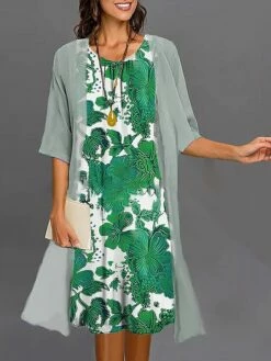 Women's Two Piece Dress Set Casual Dress Print Dress Outdoor Daily Fashion Elegant Print Midi Dress Crew Neck 3/4 Length Sleeve Floral Regular Fit Wine Navy Blue Blue Summer Spring S M L XL XXL -LIGHTINTHEBOX Shop pblcaw1687920843551