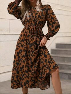 Women's Work Dress Casual Dress Swing Dress Fashion Daily Workfashion Midi Dress Print Crew Neck Long Sleeve Leopard Loose Fit Red Orange Fall Winter S M L XL -LIGHTINTHEBOX Shop pbubzj1695030988590