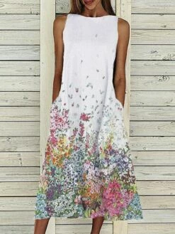 Women‘s A Line Dress Midi Dress Sleeveless Floral Pocket Cold Shoulder Print Spring Summer Round Neck Casual Vintage Going Out 2023 S M L XL XXL Cotton -LIGHTINTHEBOX Shop pcothy1617761859552