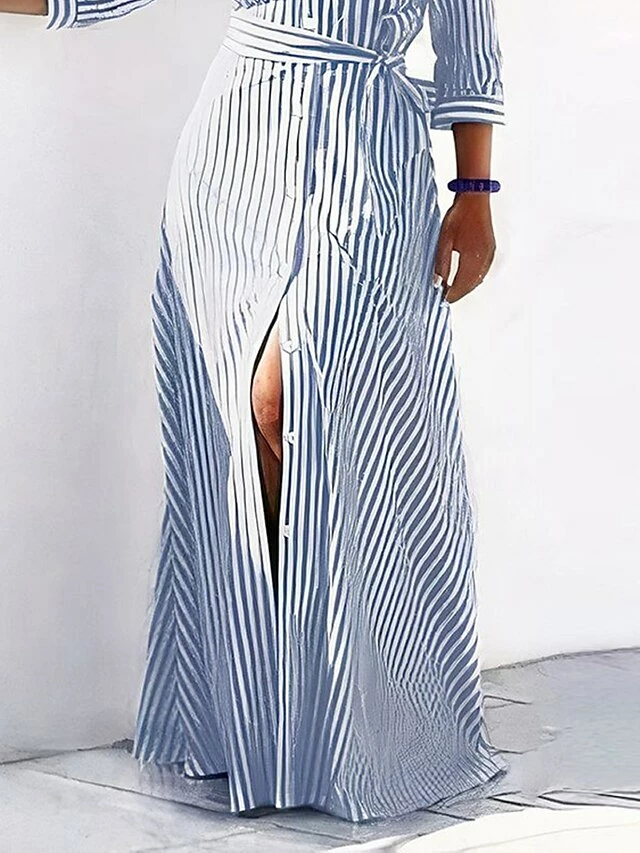 Women's Casual Dress Print Dress Stripe Lace Up Button Shirt Collar Long Dress Maxi Dress Active Fashion Outdoor Work 3/4 Length Sleeve Loose Fit Black Blue Summer Spring S M L XL XXL 8 Women's Casual Dress Print Dress Stripe Lace Up Button Shirt Collar Long Dress Maxi Dress Active Fashion Outdoor Work 3/4 Length Sleeve Loose Fit Black Blue Summer Spring S M L XL XXL - Image 6