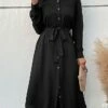 Women's Work Dress Casual Dress Black Dress Fashion Office Daily Workfashion Midi Dress Lace Up Button Shirt Collar Long Sleeve Plain Loose Fit Black Fall Winter S M L XL -LIGHTINTHEBOX Shop pdkxty1695105089515
