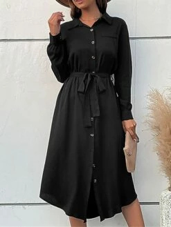 Women's Work Dress Casual Dress Black Dress Fashion Office Daily Workfashion Midi Dress Lace Up Button Shirt Collar Long Sleeve Plain Loose Fit Black Fall Winter S M L XL