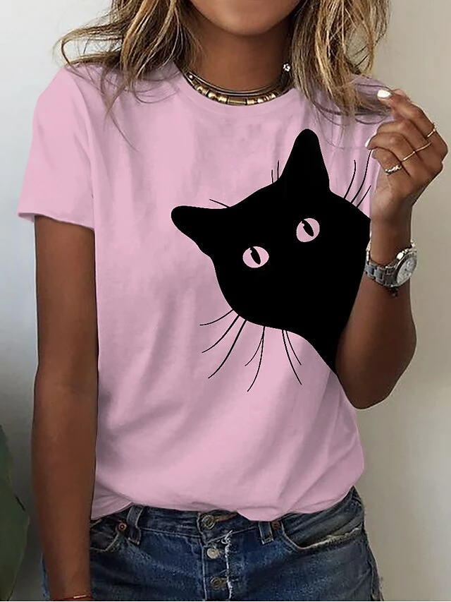 Women's T Shirt Tee 100% Cotton White Yellow Pink Cat 3D Print Short Sleeve Casual Weekend Basic Round Neck Regular Fit 3D Cat Painting 5 Women's T Shirt Tee 100% Cotton White Yellow Pink Cat 3D Print Short Sleeve Casual Weekend Basic Round Neck Regular Fit 3D Cat Painting - Image 3