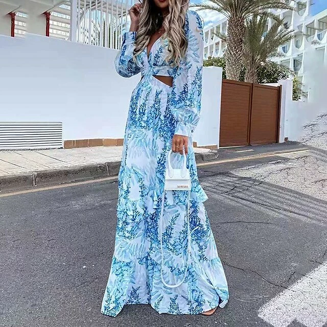 Women's Swing Dress Maxi Long Dress Light Purple Green Blue Yellow Long Sleeve Print Hollow Out Spring Summer V Neck Stylish Elegant Vacation 2023 S M L XL XXL 5 Women's Swing Dress Maxi Long Dress Light Purple Green Blue Yellow Long Sleeve Print Hollow Out Spring Summer V Neck Stylish Elegant Vacation 2023 S M L XL XXL - Image 3