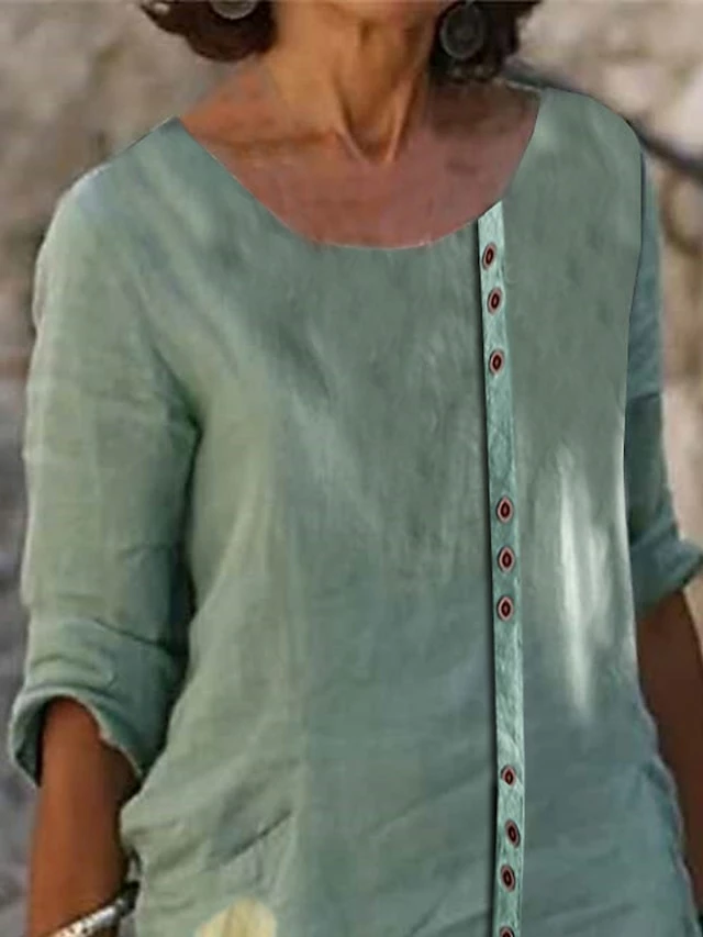 Women's Cotton Linen Dress Casual Dress Shift Dress Midi Dress Cotton Blend Fashion Casual Outdoor Daily Crew Neck Button Print Half Sleeve Summer Spring Fall 2023 Regular Fit Green Floral S M L XL 5 Women's Cotton Linen Dress Casual Dress Shift Dress Midi Dress Cotton Blend Fashion Casual Outdoor Daily Crew Neck Button Print Half Sleeve Summer Spring Fall 2023 Regular Fit Green Floral S M L XL - Image 3