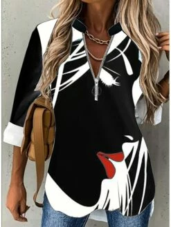 Women's Shirt Blouse Black White Navy Blue Portrait Quarter Zip Print Long Sleeve Daily Weekend Streetwear Casual Standing Collar V Neck Regular Fit Portrait Spring Fall -LIGHTINTHEBOX Shop peuwls1664350604287