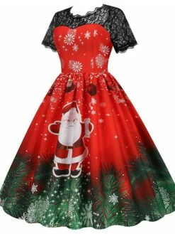 Women's Christmas Swing Dress Vintage DressKnee Length Dress Green Wine Dark Green Fuchsia Red Black Short Sleeve Santa Claus Snowman Snowflake Lace Print Fall Winter V Neck Vacation Vintage 2022 S -LIGHTINTHEBOX Shop pfchui1665293363325