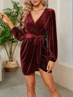 Women's Party Dress Velvet Dress Cocktail Dress Mini Dress Wine Long Sleeve Pure Color Lace Up Spring Fall Winter V Neck Fashion Winter Dress Wedding Guest Vacation 2023 S M L XL XXL -LIGHTINTHEBOX Shop pfkyzh1692167106810