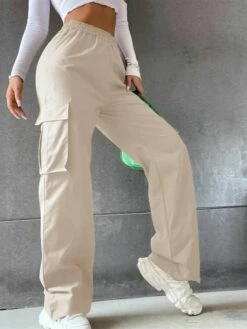 Women‘s Cargo Khaki Pants Trousers Full Length Cotton Pocket Micro-elastic High Waist Fashion Streetwear Street Daily Wear Rice White Sapphire S M Summer Spring