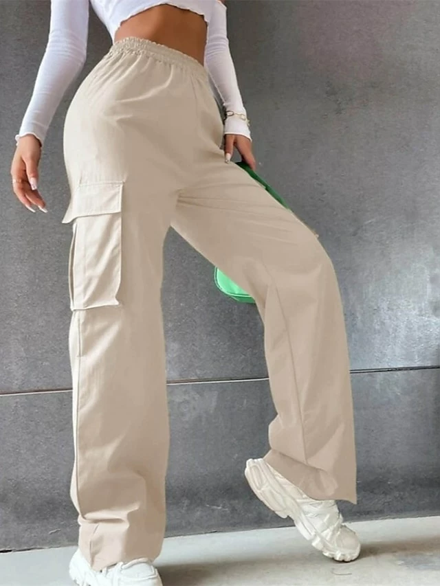 Women‘s Cargo Khaki Pants Trousers Full Length Cotton Pocket Micro-elastic High Waist Fashion Streetwear Street Daily Wear Rice White Sapphire S M Summer Spring 3 Women‘s Cargo Khaki Pants Trousers Full Length Cotton Pocket Micro-elastic High Waist Fashion Streetwear Street Daily Wear Rice White Sapphire S M Summer Spring
