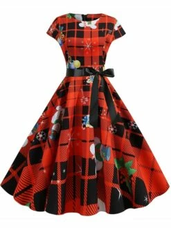 Women's Christmas Retro 1950s Vintage Dress Midi Dress Party Ruched Bow Snowman Crew Neck Short Sleeve Regular Fit Fall Winter 2023 Red S M L XL