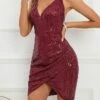 Women‘s Party Dress Sequin Dress Homecoming Dress Mini Dress Wine Sleeveless Pure Color Sparkly Glitter Sequins Spring Fall Winter Spaghetti Strap Fashion Winter Dress Wedding Guest Evening