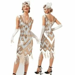 Women's Retro 1920s Fringe Dress Midi Dress Party Halloween Sequins Tassel Fringe Geometric V Neck Sleeveless Regular Fit Spring Fall 2023 Silver Black XS S M L