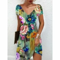 Women's Casual Dress Summer Dress Print Dress Floral Print V Neck Mini Dress Active Fashion Outdoor Daily Short Sleeve Regular Fit Black And White Olive Green Colourful Summer Spring S M L XL XXL -LIGHTINTHEBOX Shop pjewsb1682667812007