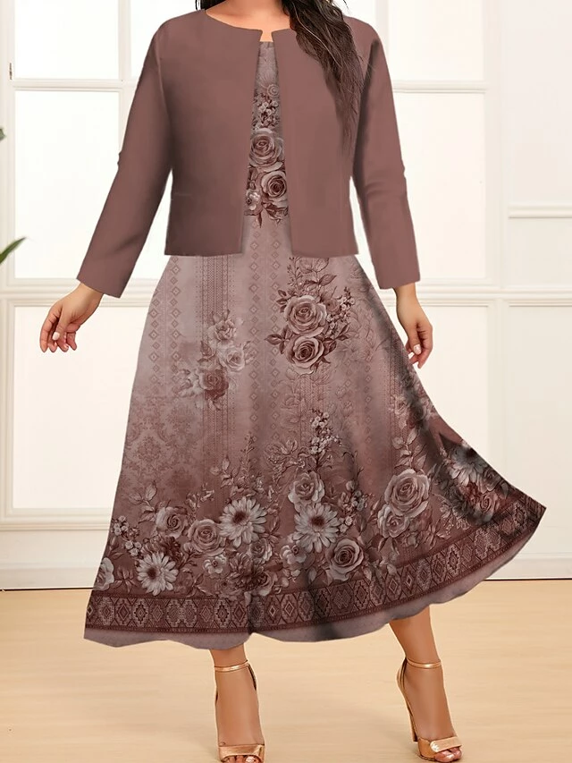 Women's Plus Size Curve Two Piece Dress Set Casual Dress Swing Dress Outdoor Office Fashion Streetwear Print Midi Dress Crew Neck Long Sleeve Floral Ombre Navy Blue Blue Brown Fall Winter L XL 5 Women's Plus Size Curve Two Piece Dress Set Casual Dress Swing Dress Outdoor Office Fashion Streetwear Print Midi Dress Crew Neck Long Sleeve Floral Ombre Navy Blue Blue Brown Fall Winter L XL - Image 3