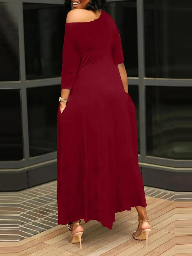 Women's Work Dress Black Dress White Dress Fashion Long Dress Maxi Dress Ruched Pocket One Shoulder 3/4 Length Sleeve Plain Regular Fit Black White Pink Fall S M L XL XXL 4 Women's Work Dress Black Dress White Dress Fashion Long Dress Maxi Dress Ruched Pocket One Shoulder 3/4 Length Sleeve Plain Regular Fit Black White Pink Fall S M L XL XXL - Image 2