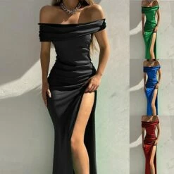 Women‘s Party Dress Black Dress Satin Midi Dress Green Blue Wine Sleeveless Pure Color Split Ruched Spring Summer Off Shoulder Party Party 2023 S M L XL XXL 3XL