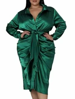 Women‘s Plus Size Curve Flattering Dresses Elegant Apple Shaped Dress Wedding Guest Work Dress Pure Color Shirt Collar Long Sleeve Fall Winter Work Midi Dress Going Out Work Dress Shirt Dress -LIGHTINTHEBOX Shop plmugs1663665116208