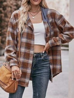 Women's Shirt Blouse Black Red Blue Plaid Pocket Print Long Sleeve Casual Daily Basic Hooded Regular Fit Fall & Winter -LIGHTINTHEBOX Shop ploioi1691664828626