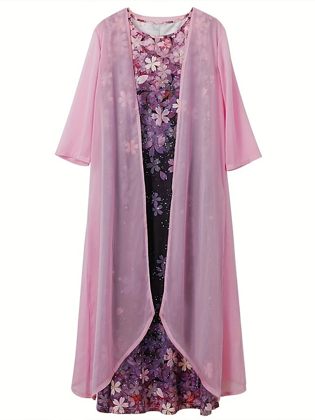 Women's Plus Size Two Piece Dress Set Casual Dress Chiffon Dress Outdoor Office Fashion Streetwear Print Midi Dress Crew Neck 3/4 Length Sleeve Floral Regular Fit Pink Fall Winter S M L XL XXL 4 Women's Plus Size Two Piece Dress Set Casual Dress Chiffon Dress Outdoor Office Fashion Streetwear Print Midi Dress Crew Neck 3/4 Length Sleeve Floral Regular Fit Pink Fall Winter S M L XL XXL - Image 2