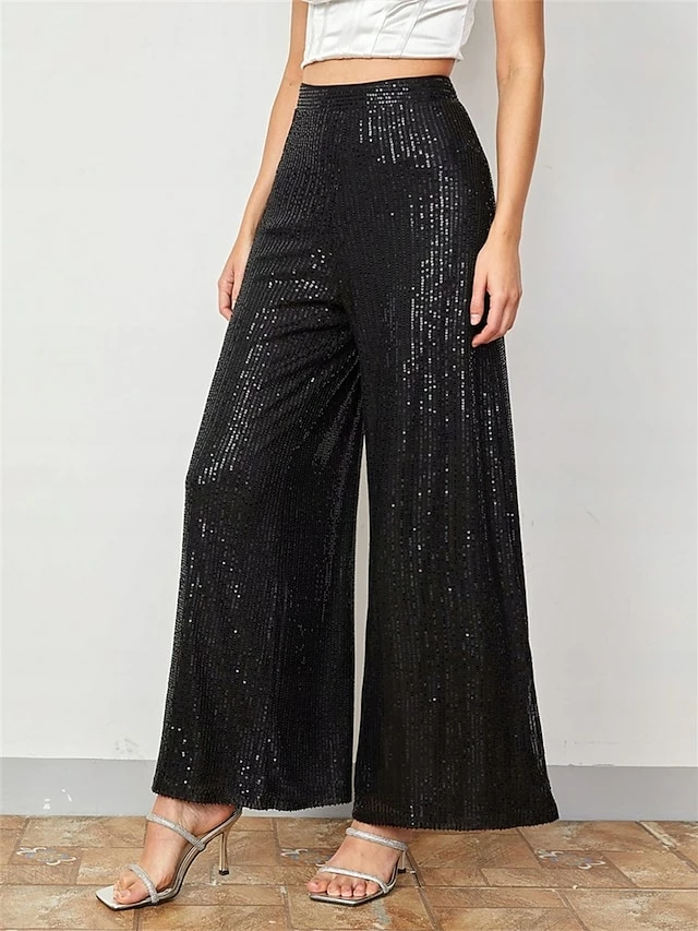 Women's Wide Leg Pants Sequin Trousers Black Mid Waist Fashion Streetwear Party Street Daily Micro-elastic Full Length Breathability Plain S M L XL 5 Women's Wide Leg Pants Sequin Trousers Black Mid Waist Fashion Streetwear Party Street Daily Micro-elastic Full Length Breathability Plain S M L XL - Image 3
