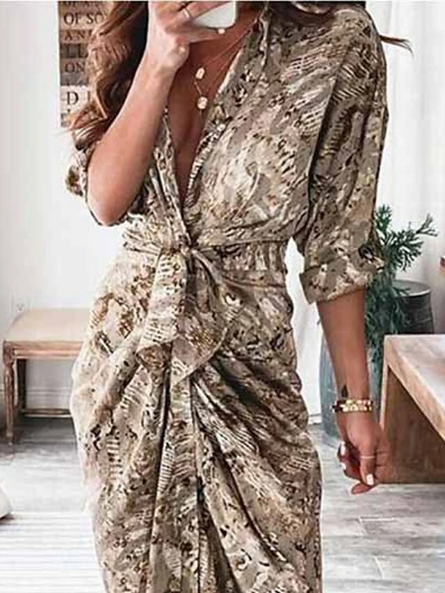 Women's Shirt Dress Casual Dress Bodycon Midi Dress Outdoor Daily Date Polyester Fashion Modern V Neck Ruched Button 3/4 Length Sleeve Summer Spring 2023 Loose Fit Brown Khaki Floral Color Block Pure 5 Women's Shirt Dress Casual Dress Bodycon Midi Dress Outdoor Daily Date Polyester Fashion Modern V Neck Ruched Button 3/4 Length Sleeve Summer Spring 2023 Loose Fit Brown Khaki Floral Color Block Pure - Image 3