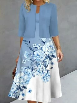Women's Two Piece Dress Set Casual Dress Print Dress Outdoor Daily Fashion Elegant Print Midi Dress V Neck Half Sleeve Floral Regular Fit Blue Purple Green Fall Winter S M L XL XXL