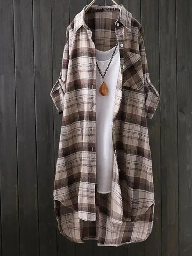 Women's Shirt Blouse Cotton Yellow Pink Khaki Plaid Button Print Long Sleeve Daily Going Out Weekend Streetwear Casual Shirt Collar Regular Fit Spring Fall Winter 5 Women's Shirt Blouse Cotton Yellow Pink Khaki Plaid Button Print Long Sleeve Daily Going Out Weekend Streetwear Casual Shirt Collar Regular Fit Spring Fall Winter - Image 3