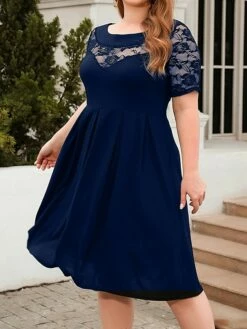 Women's Plus Size Curve Party Dress Lace Dress Semi Formal Dress Solid Color Midi Dress Short Sleeve Lace Crew Neck Fashion Party ArmyGreen Black Fall Winter XL XXL 3XL 4XL -LIGHTINTHEBOX Shop pofrug1695813611532