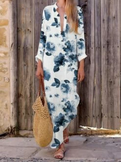 Women's Casual Dress Cotton Linen Dress Maxi Long Dress Polyester Fashion Casual Daily Outdoor Daily Vacation Split Neck Split Print Long Sleeve Summer Spring Fall 2023 Loose Fit White Pink Navy Blue -LIGHTINTHEBOX Shop pokxoo1690365282243