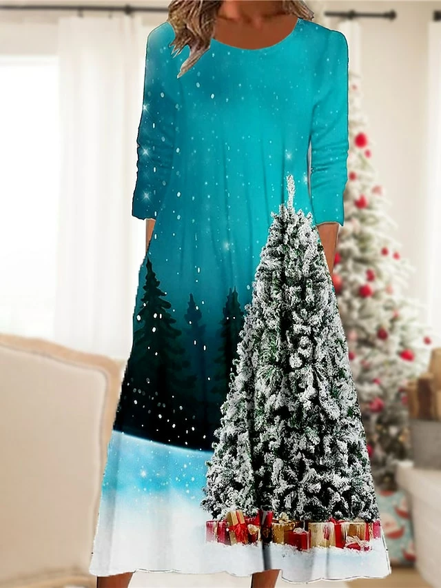 Women's Christmas Casual Dress Shift Dress Midi Dress Midi Dress Blue Gold Navy Blue 3/4 Length Sleeve Tree Ruched Winter Fall Autumn Round Neck Fashion Daily 2022 S M L XL XXL 3XL 4 Women's Christmas Casual Dress Shift Dress Midi Dress Midi Dress Blue Gold Navy Blue 3/4 Length Sleeve Tree Ruched Winter Fall Autumn Round Neck Fashion Daily 2022 S M L XL XXL 3XL - Image 2