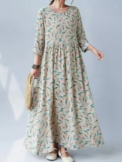 Women's Casual Dress Linen Dress Swing Dress Maxi Long Dress Linen Fashion Modern Outdoor Daily Holiday Crew Neck Print Long Sleeve Fall Winter Autumn 2023 Loose Fit Apricot Flower L XL 2XL -LIGHTINTHEBOX Shop ppliin1693553152005